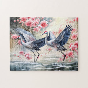 Puzzle Grues dans l'eau avec reflets floraux