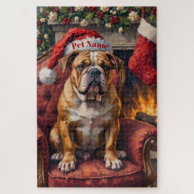 Puzzle Grumpy Bulldog Christmas Hat on Velvet Chair (Vertical)