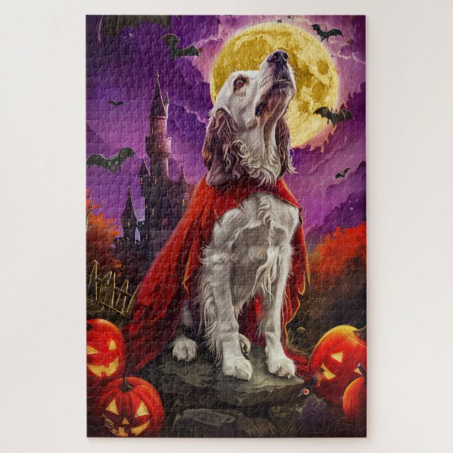 Puzzle Halloween Anglais Setter Vampire Citrouille effroi (Vertical)