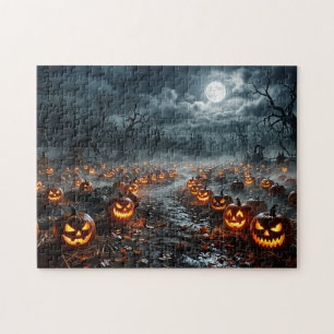 Puzzle Halloween avec des arbres effrayants et des citrou