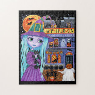 Puzzle Halloween Bash Black Chat mignonne sorcière hantée