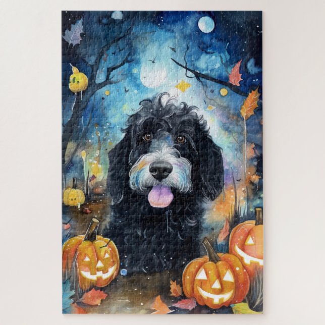 Puzzle Halloween Bernedoodle Avec La Peur Citrouille (Vertical)