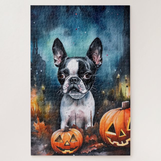 Puzzle Halloween Boston Terrier avec la peur Citrouille (Vertical)