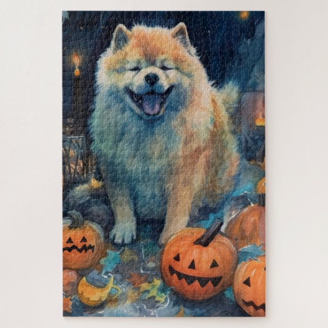 Puzzle Halloween Chow Chow Avec La Peur Citrouille (Vertical)