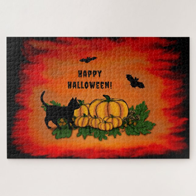 Puzzle Halloween heureux, Chat noir, Chat et Citrouille (Horizontal)