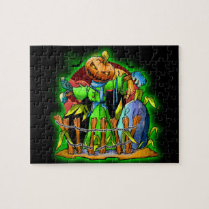 Puzzle Halloween Lady Scarecrow Citrouille Head RIP Bat