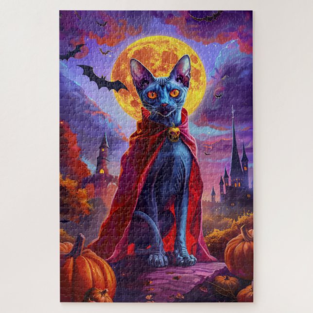 Puzzle Halloween Oriental Blue Chat Vampire Citrouilles e (Vertical)