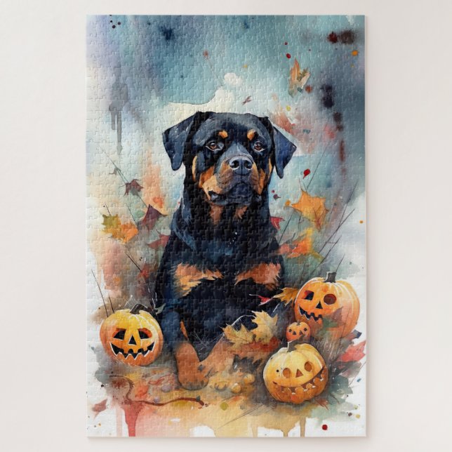 Puzzle Halloween Rottweiler avec la peur Citrouille (Vertical)