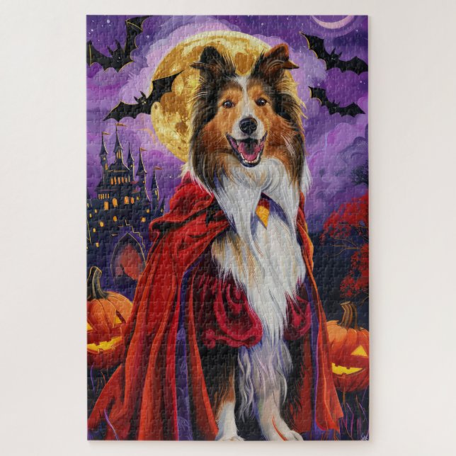 Puzzle Halloween Rough Collie Vampire Citrouilles effroi (Vertical)