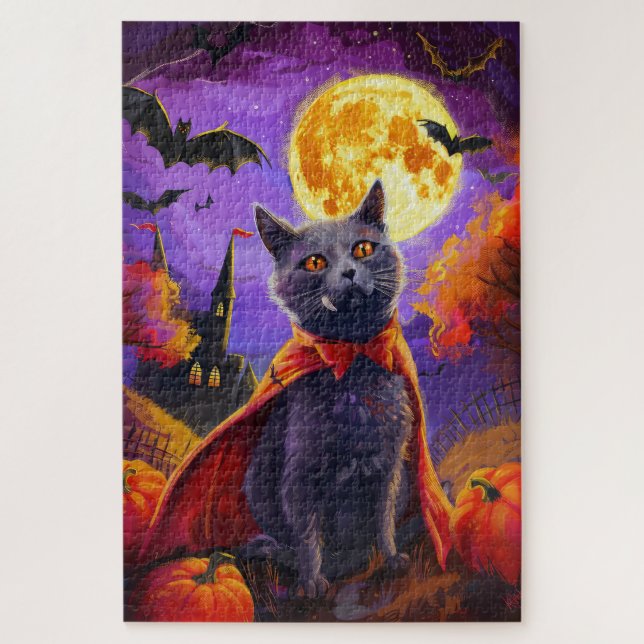 Puzzle Halloween Russe Bleu Chat Vampire Citrouilles effr (Vertical)