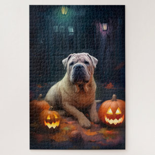 Puzzle Halloween Shar Pei avec citrouilles effrayant