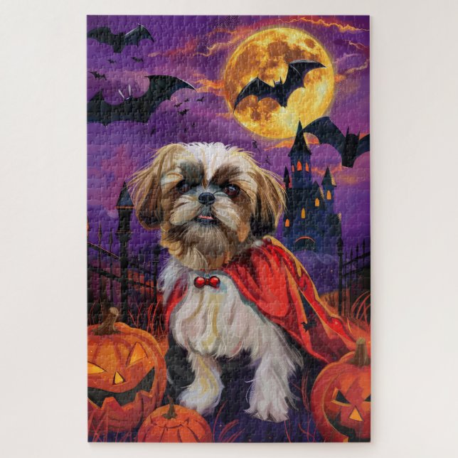 Puzzle Halloween Shih Tzu Vampire Citrouilles effroi (Vertical)