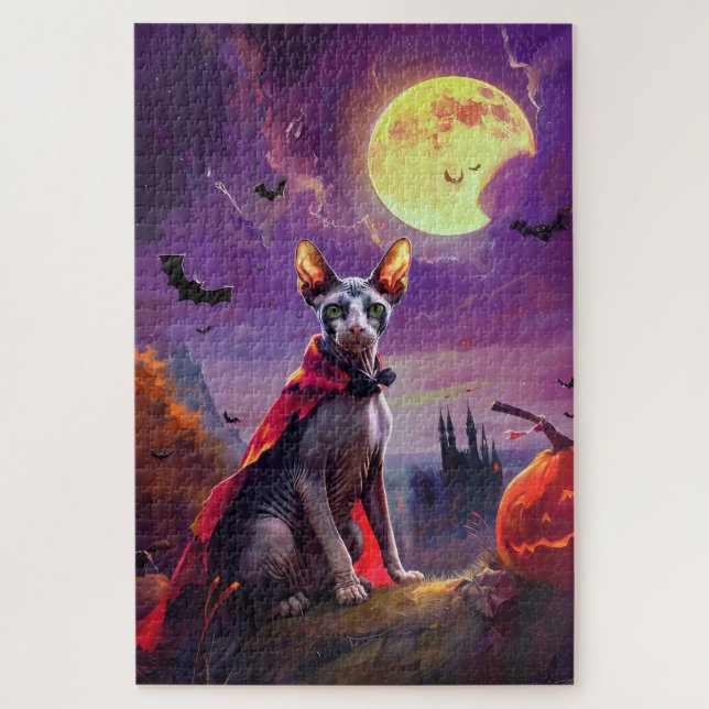 Puzzle Halloween Sphynx Cat Vampire Citrouilles effroi (Vertical)