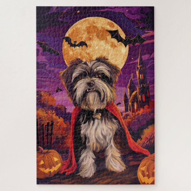 Puzzle Halloween Tibétain Terrier Vampire Citrouilles peu (Vertical)