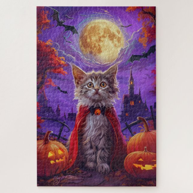 Puzzle Halloween turc Angora Cat Vampire Citrouille effro (Vertical)