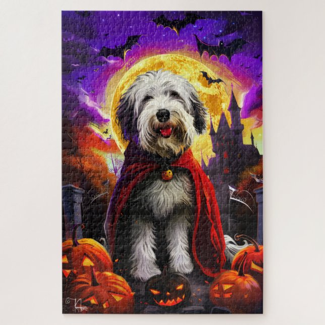 Puzzle Halloween vieux anglais Sheepdog Vampire Citrouill (Vertical)