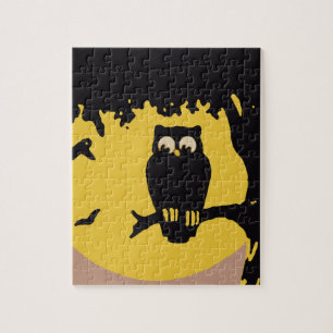 Puzzle Halloween vintage, hibou effrayant dans un arbre a