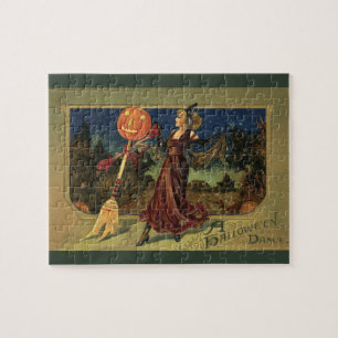 Puzzle Halloween vintage, jolie sorcière dansante