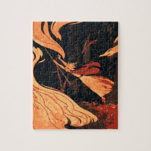 Puzzle Halloween vintage, sorcière maléfique avec feu en 