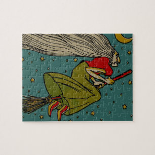 Puzzle Halloween vintage, sorcière maléfique voler sur le