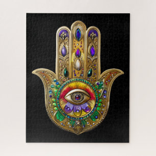 Puzzle Hamsa Améthyste Rubis Troisième Œil Peint en Or