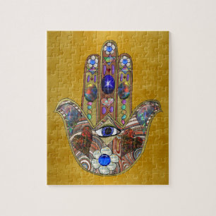 Puzzle Hamsa Cœurs Fleurs Opale Art sur Or