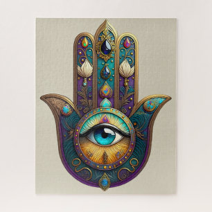 Puzzle Hamsa Violet Turquoise sarcelle avec Troisième Œil