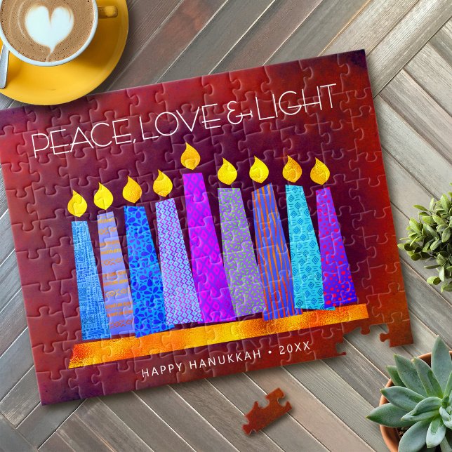 Puzzle Hanoukka Bougies de Boho Bleu sur Red Peace Love L (Choose from 3 colors!)