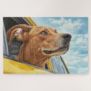 Puzzle Happy Dog in Yellow Car Art Print