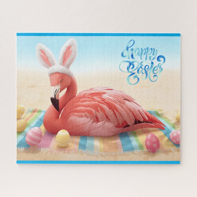 Puzzle Happy Easter from Florida Flamingo Bunny on Beach  (Horizontal)