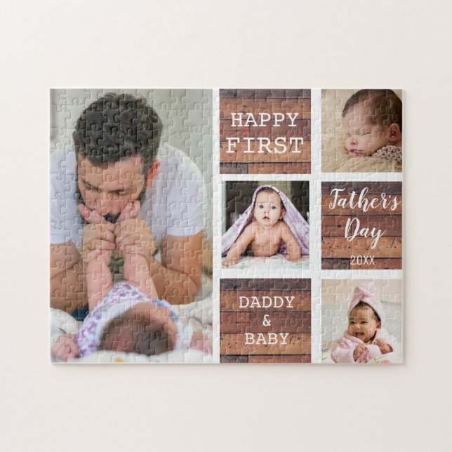 Puzzle Happy First Fête des pères Wood 4 Photo Collage (Horizontal)