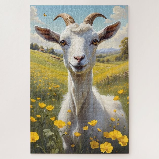 Puzzle Happy Goat Vibrant Buttercup Meadow (Vertical)