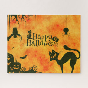 Puzzle Happy Halloween chat noir, hibou, citrouille