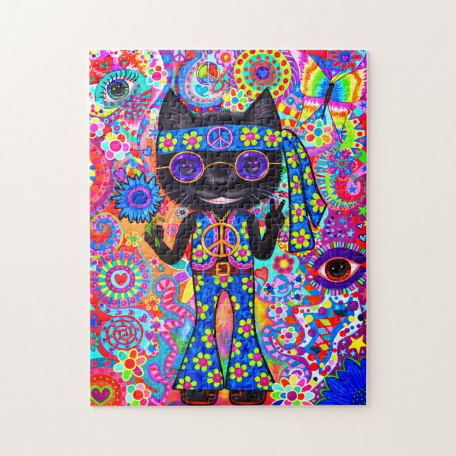 Puzzle Happy Hippie Chat Lunettes de soleil Paix enseigne (Vertical)