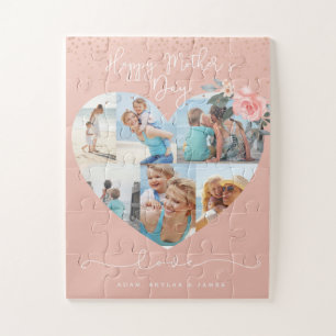 Puzzle Happy Mother's Day Heart Floral Photo Collage Pink