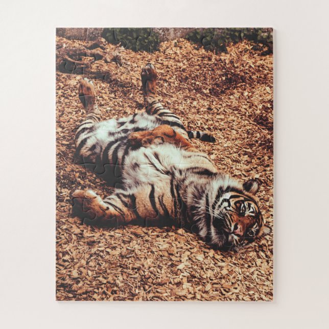 Puzzle Happy Tiger Belly Up Rolling en Feuille (Vertical)