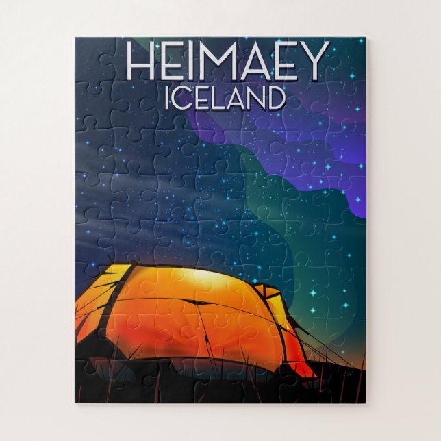 Puzzle Heimaey, île, affiche de vacances en camping. (Vertical)