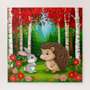 Puzzle Hérisson mignon et lapin dans une forêt lumineuse