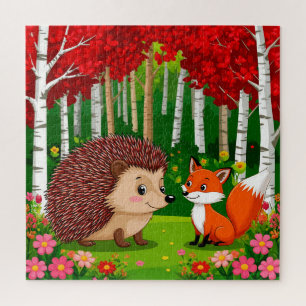 Puzzle Hérisson mignon et renard dans une forêt lumineuse