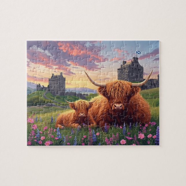 Puzzle Highland Cow Calf Scottish Castle Sunset (Horizontal)