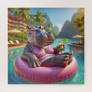 Puzzle Hippo Flottant Dans Une Piscine Avec Cocktail Bois