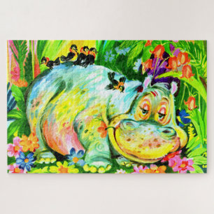 Puzzle hippopotame et oiseaux aux couleurs vives