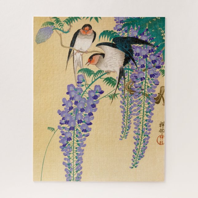 Puzzle hirondelles et bactéries par Ohara Koson (Vertical)