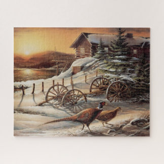 Puzzle Hiver Pheasant Sunset Lake Cottage Wild Game Bird