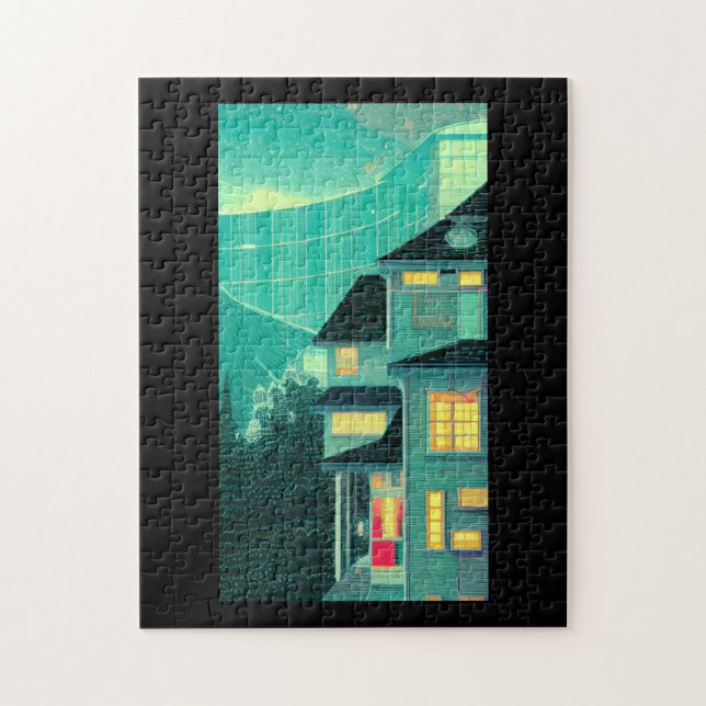 Puzzle Hiver soir maison de verre construction pins (Vertical)