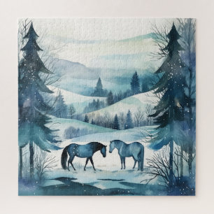 Puzzle Hivernal Forêt Chevaux Equestre Bleu