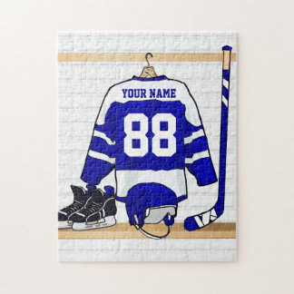 Puzzle Hockey sur glace bleu et blanc personnalisé Jersey