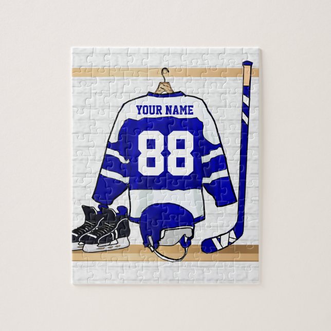 Puzzle Hockey sur glace bleu et blanc personnalisé Jersey (Vertical)