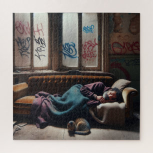 Puzzle Homme sans abri dormant dans un bâtiment abandonné