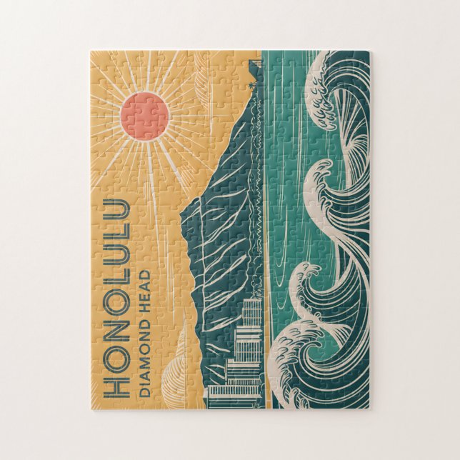 Puzzle Honolulu Oahu Diamond Head Retro Style Mi-Siècle (Vertical)